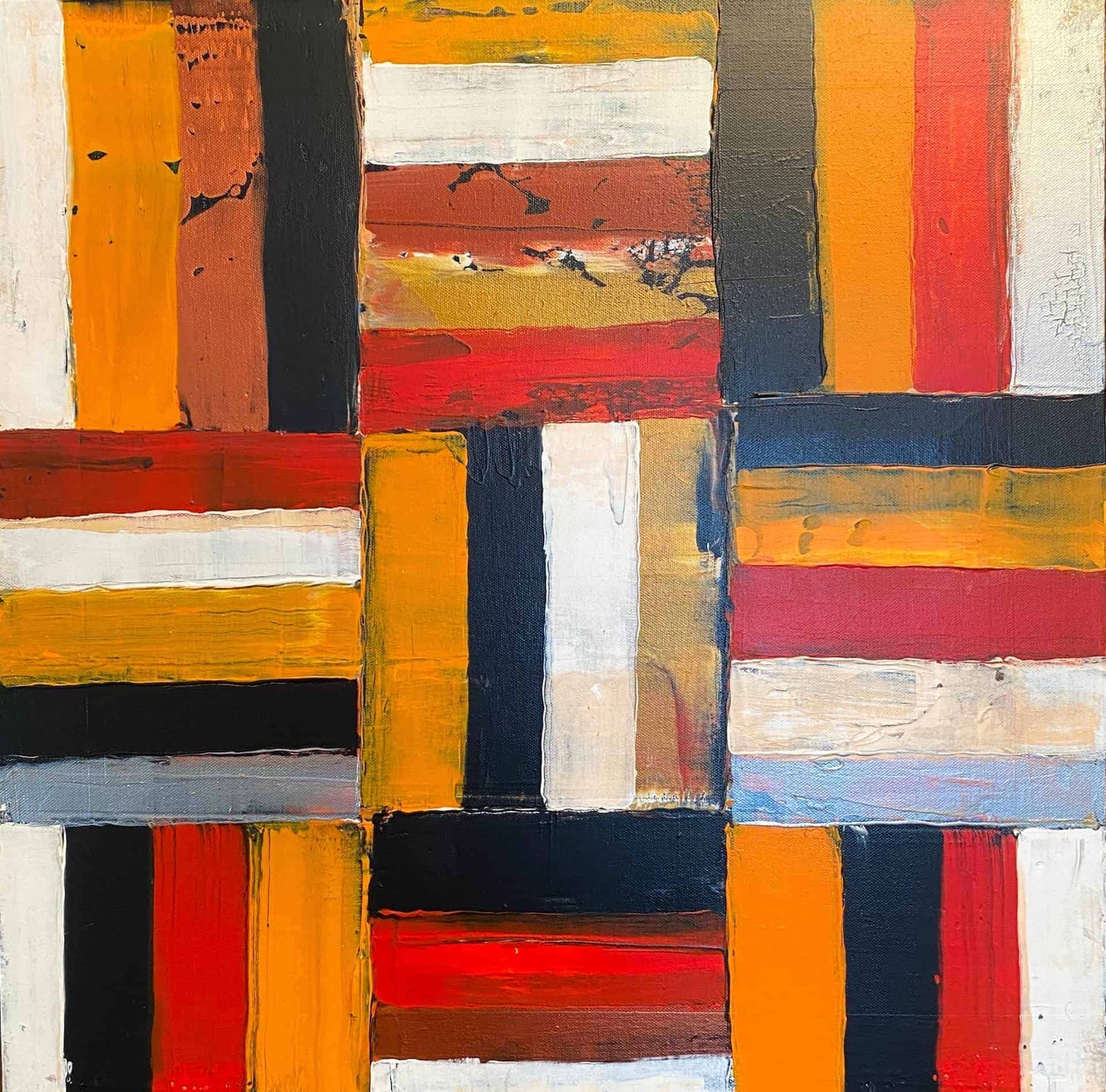 A Country Mile by Ludwina Orchard – abstract geometric acrylic painting on canvas with rows of red, orange, blue, black and cream blocks