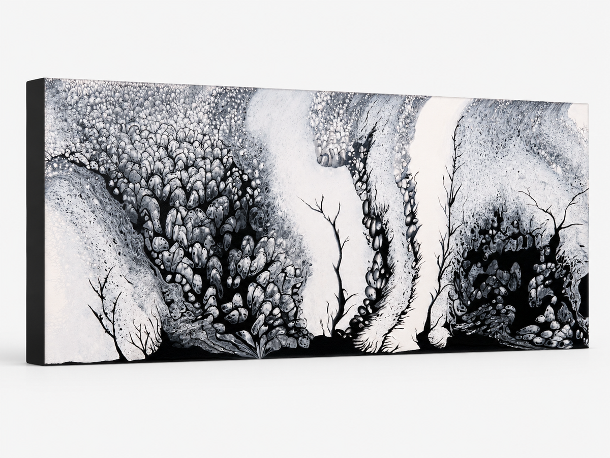 Endless Garden by Ludwina Orchard – side view of the canvas showing depth of the monochromatic acrylic painting of organic garden forms