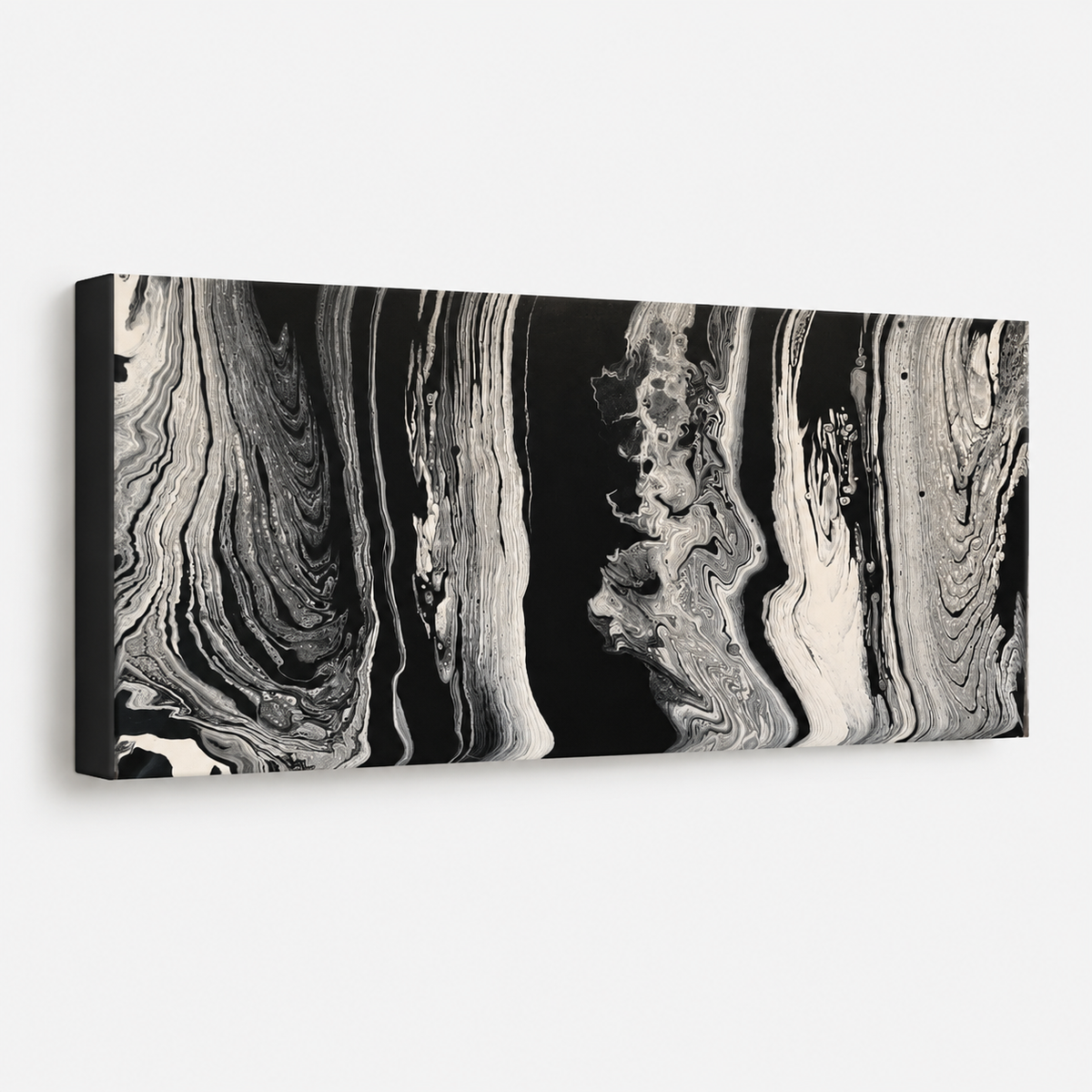 Wisdom by Ludwina Orchard – side view of the canvas showing depth of the black, white and grey ring-poured acrylic painting