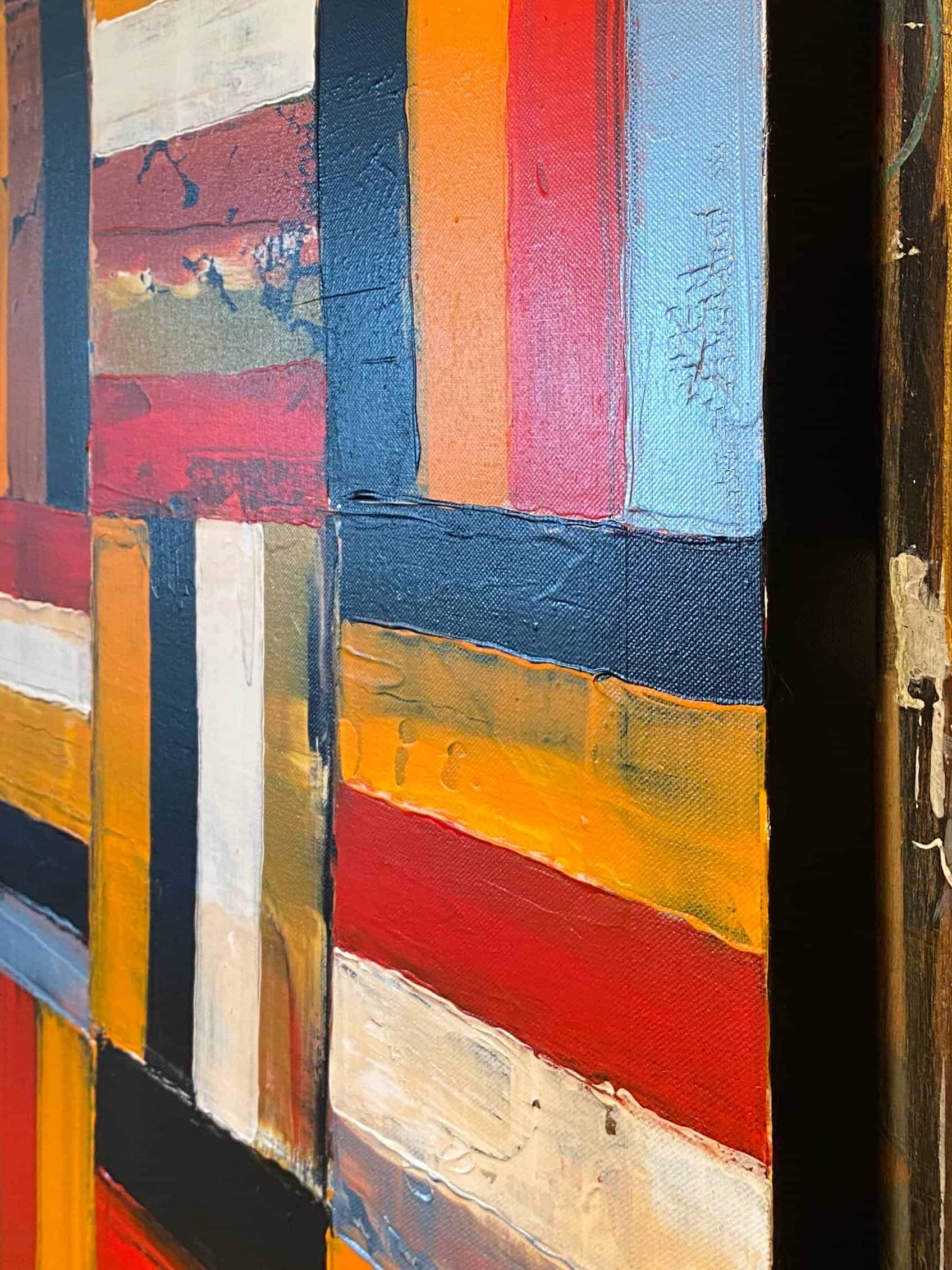 A Country Mile by Ludwina Orchard – close-up detail of the acrylic on canvas showing textured brushstrokes of red, orange, blue and white geometric blocks