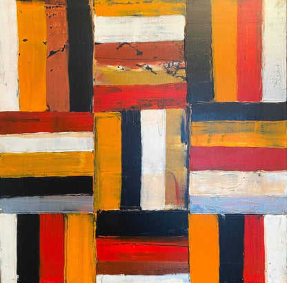 A Country Mile by Ludwina Orchard – abstract geometric acrylic painting on canvas with rows of red, orange, blue, black and cream blocks