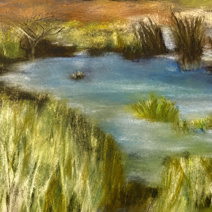 Abandoned by Ludwina Orchard – close-up detail of the soft pastel painting showing the water and wetland grasses