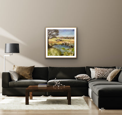 Abandoned by Ludwina Orchard – soft pastel painting displayed in a living room with a dark sectional sofa