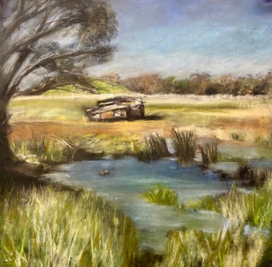 Abandoned by Ludwina Orchard – soft pastel painting of an abandoned car in a rural Australian landscape with a pond and gum tree