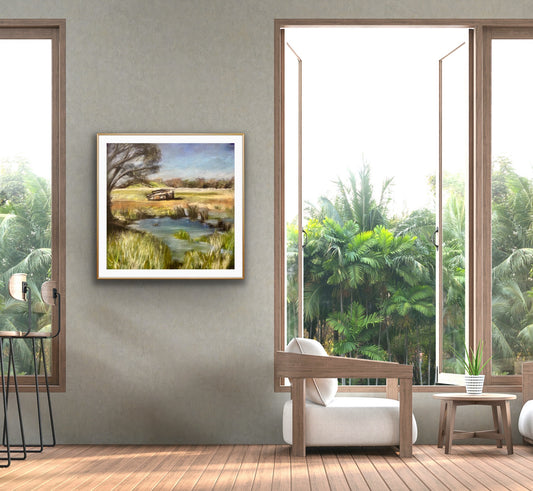 Abandoned by Ludwina Orchard – soft pastel painting displayed in a bright tropical living room setting