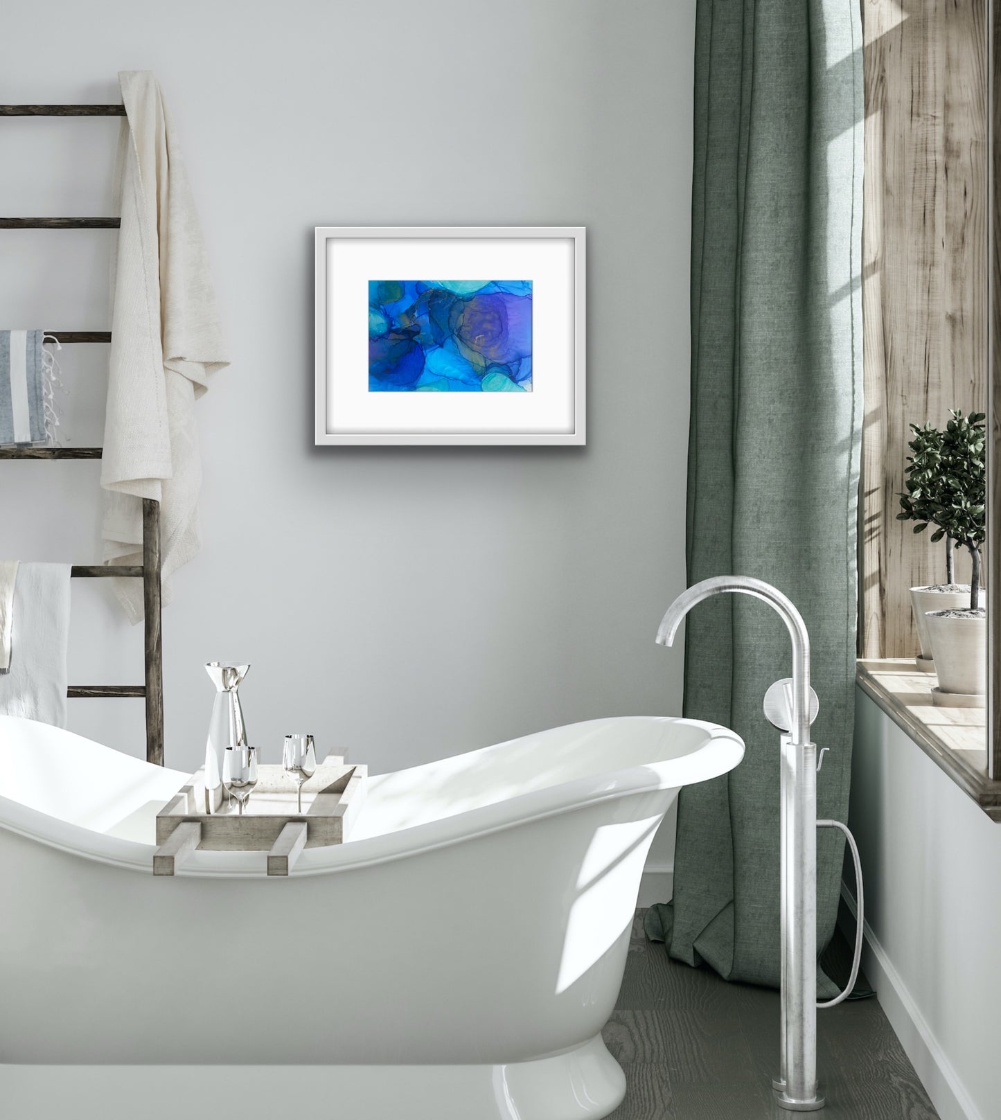 Blue Drift by Ludwina Orchard – alcohol ink painting on polypropylene displayed in a spa-style bathroom with a freestanding bathtub and grey curtains