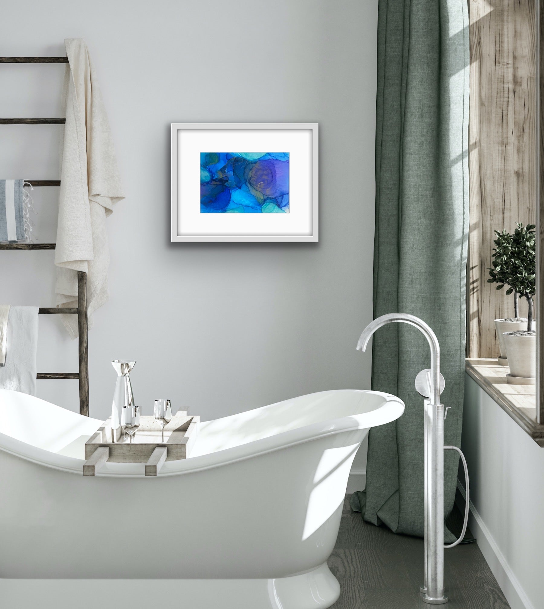 Blue Drift by Ludwina Orchard – alcohol ink painting on polypropylene displayed in a spa-style bathroom with a freestanding bathtub and grey curtains