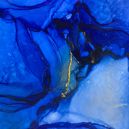 Blue Drift by Ludwina Orchard – close-up detail of the alcohol ink painting showing deep blue, navy and gold fluid ink forms on polypropylene