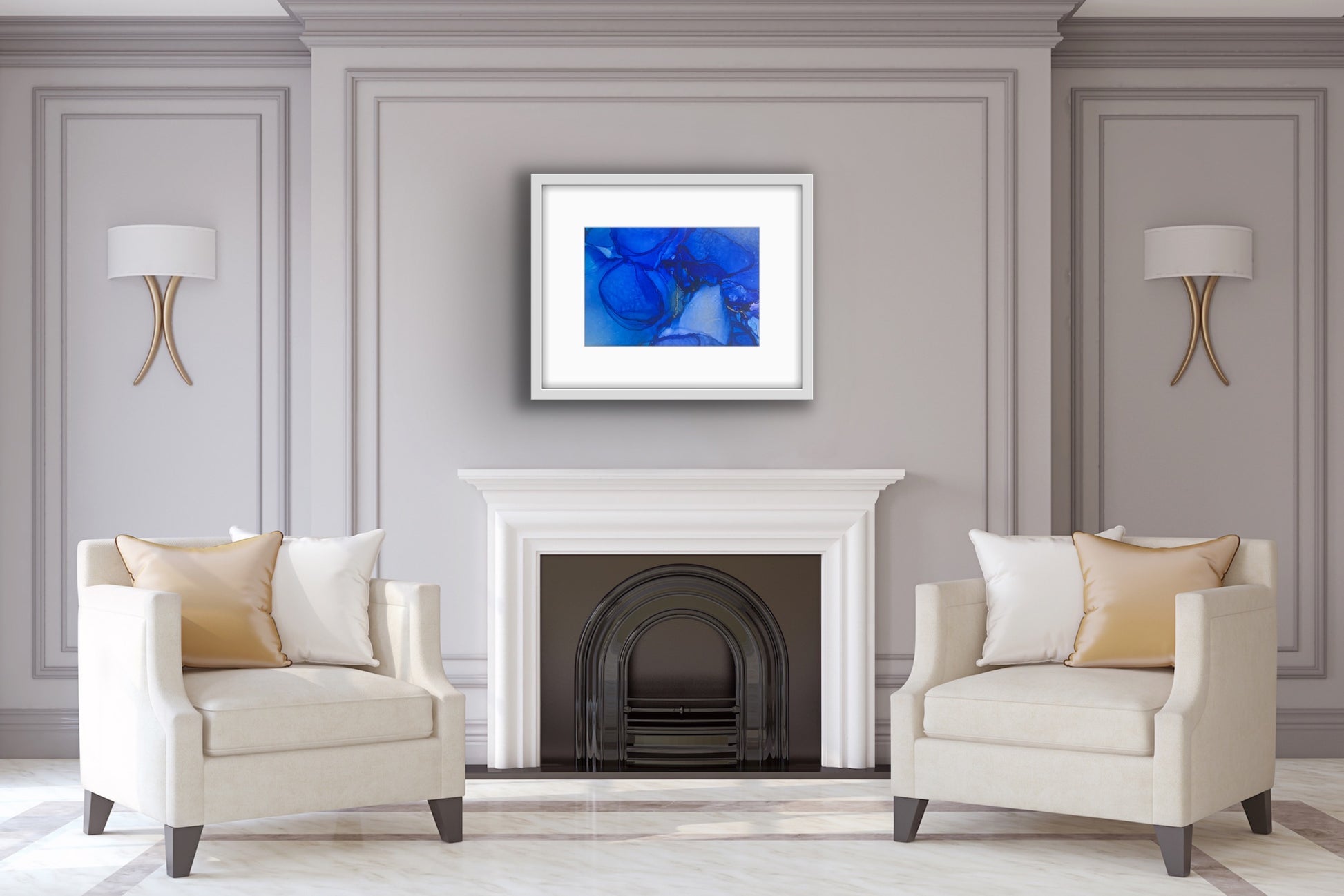 Blue Drift by Ludwina Orchard – alcohol ink painting on polypropylene displayed in an elegant classic living room with fireplace and armchairs