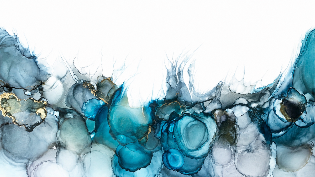 Blue Ocean by Ludwina Orchard – abstract alcohol ink painting in vibrant blues, teals, grey and gold on white