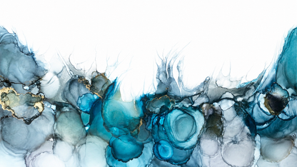 Blue Ocean by Ludwina Orchard – abstract alcohol ink painting in vibrant blues, teals, grey and gold on white