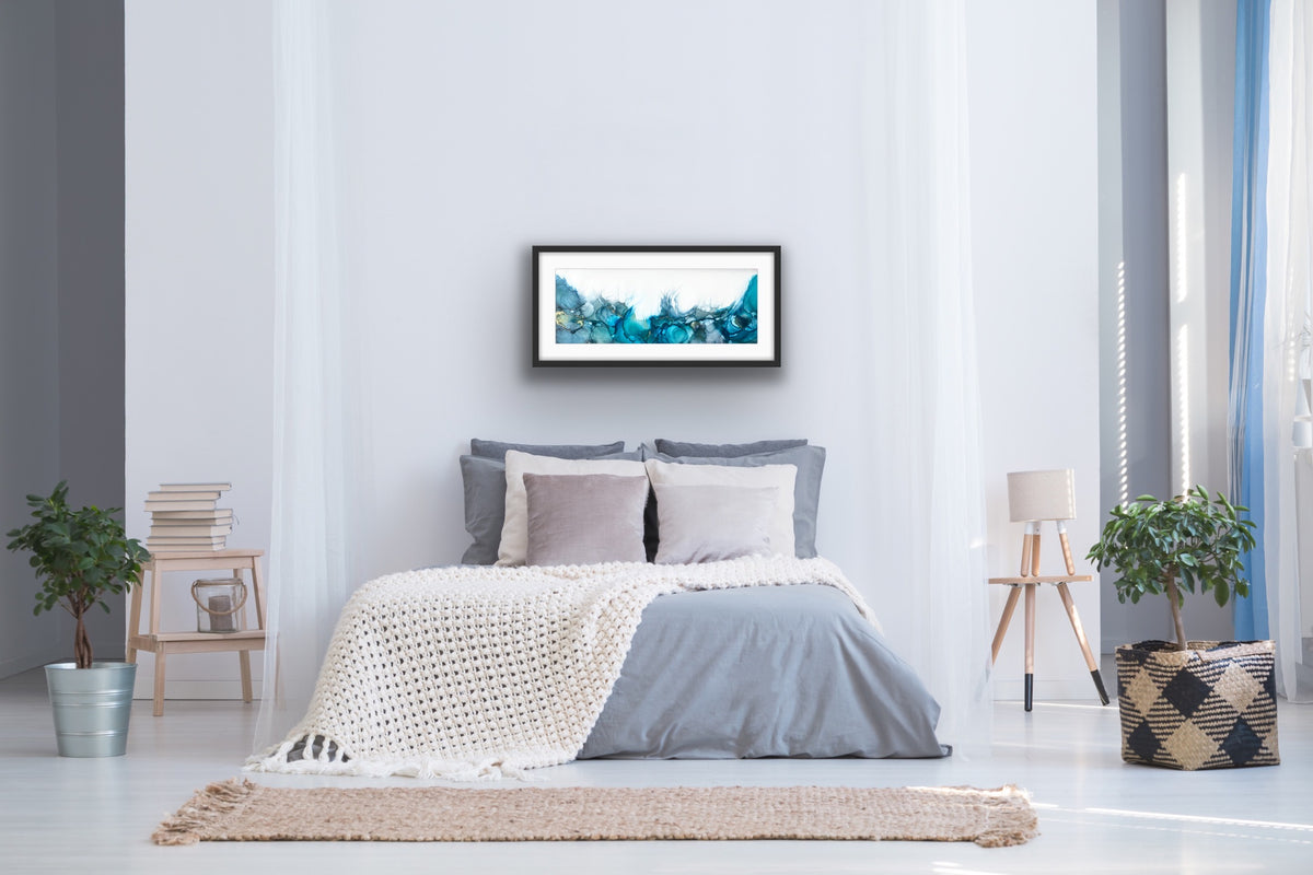 Blue Ocean by Ludwina Orchard – alcohol ink painting displayed in a light Scandinavian-style bedroom