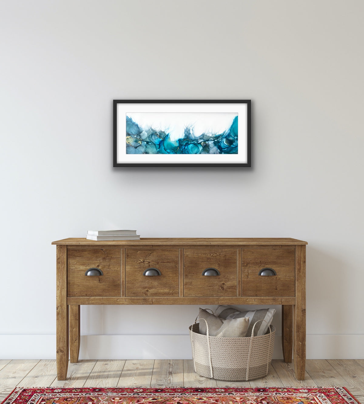 Blue Ocean by Ludwina Orchard – alcohol ink painting displayed above a rustic wooden console table
