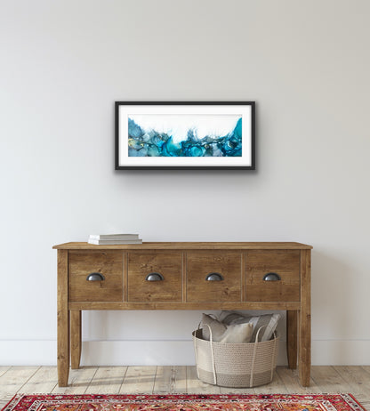Blue Ocean by Ludwina Orchard – alcohol ink painting displayed above a rustic wooden console table