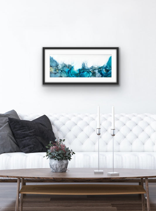 Blue Ocean by Ludwina Orchard – alcohol ink painting displayed in an elegant white living room with tufted sofa