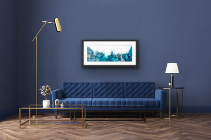 Blue Ocean by Ludwina Orchard – alcohol ink painting displayed in a deep navy blue room with blue velvet sofa