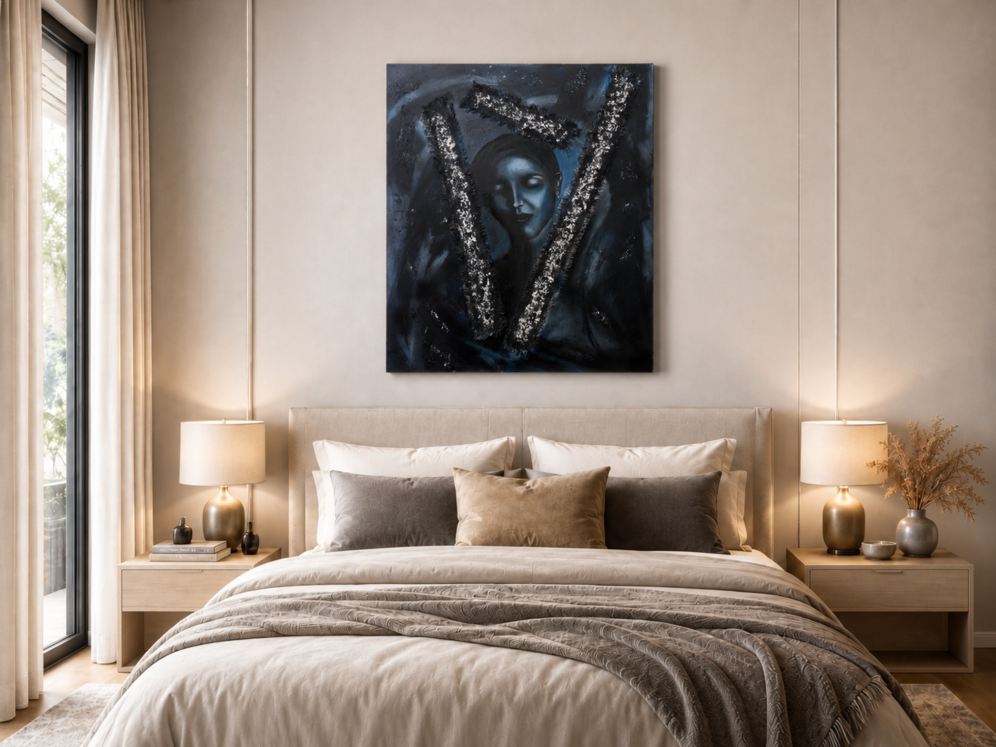 Calm in the Storm by Ludwina Orchard – dark mixed-media painting displayed on a neutral bedroom wall above a styled bed with linen bedding and matching bedside lamps