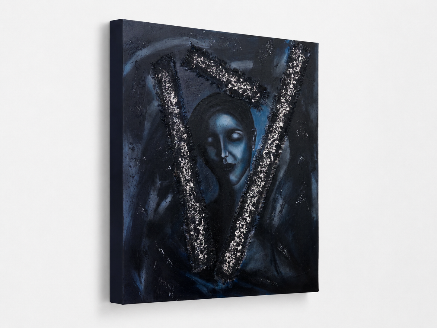Calm in the Storm by Ludwina Orchard – product shot of original mixed-media canvas showing the textured hessian and silver leaf detail, displayed at an angle against a white background