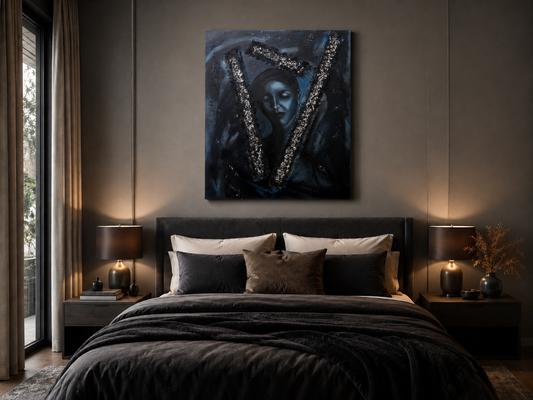 Calm in the Storm by Ludwina Orchard – dark mixed-media painting on a moody bedroom wall above a bed with charcoal bedding and warm ambient bedside lighting