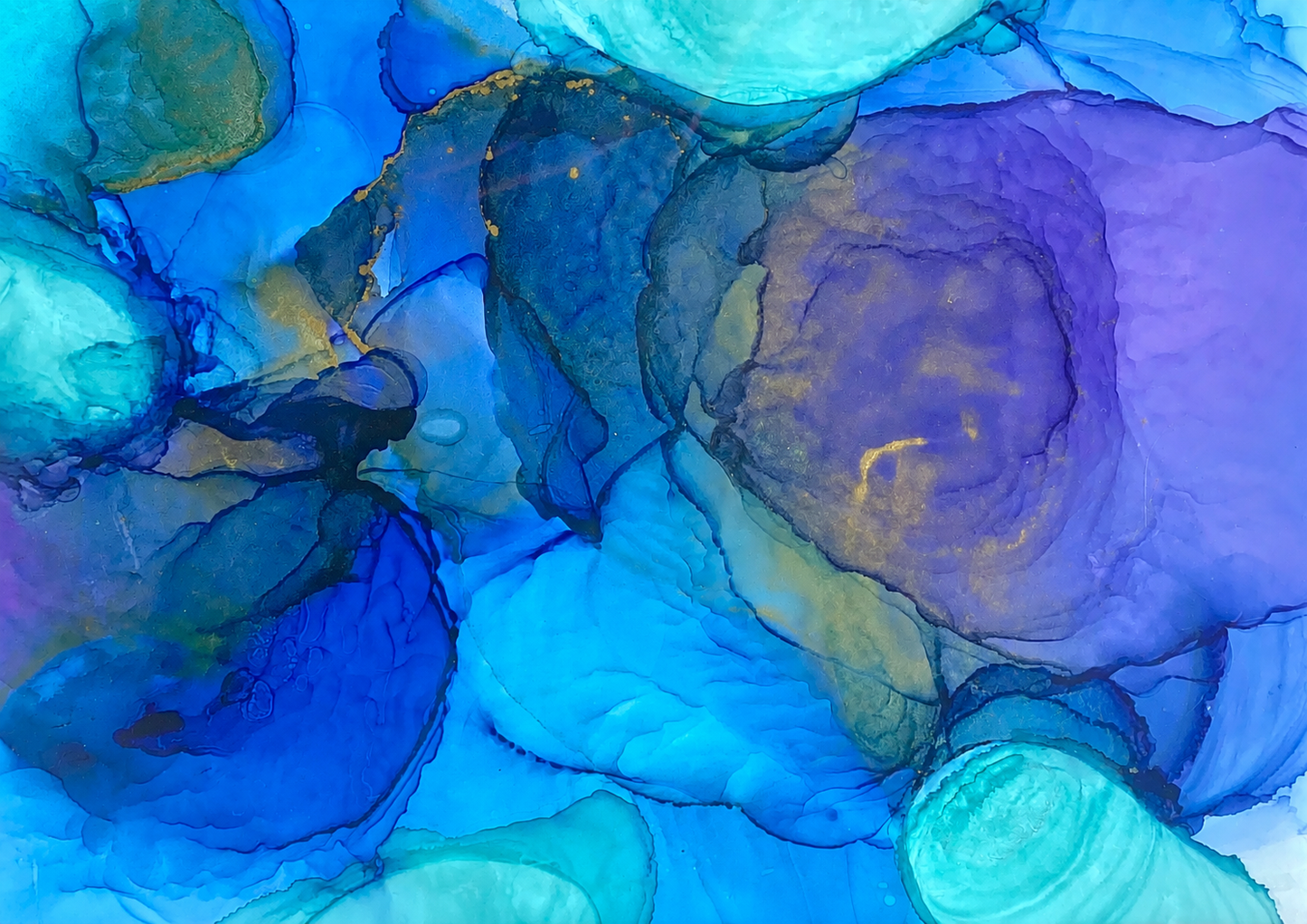 Cerulean by Ludwina Orchard – abstract alcohol ink painting on paper in vivid blue, teal, purple and gold