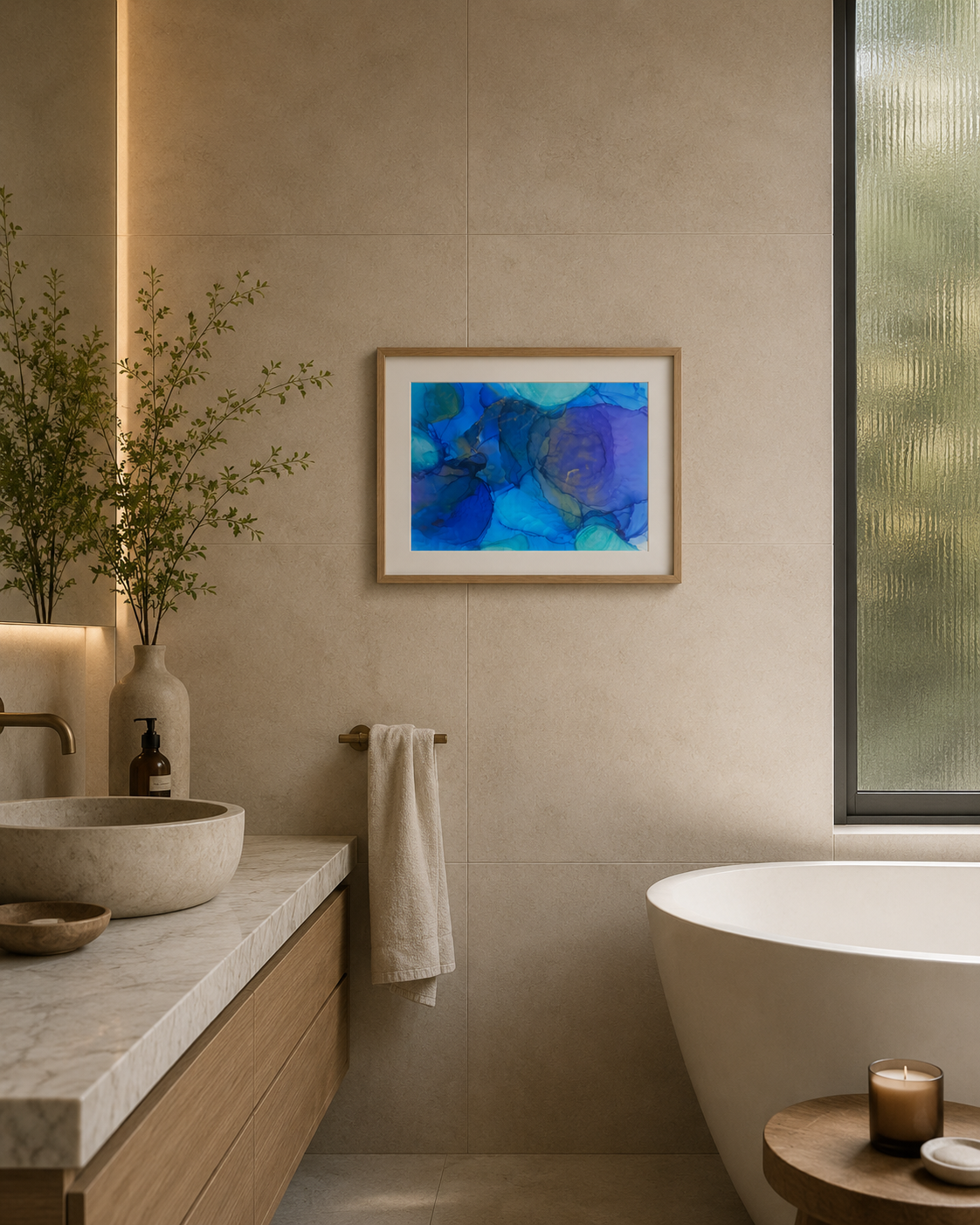 Cerulean by Ludwina Orchard – alcohol ink painting displayed in a modern spa bathroom with marble countertop, round basin and freestanding bathtub