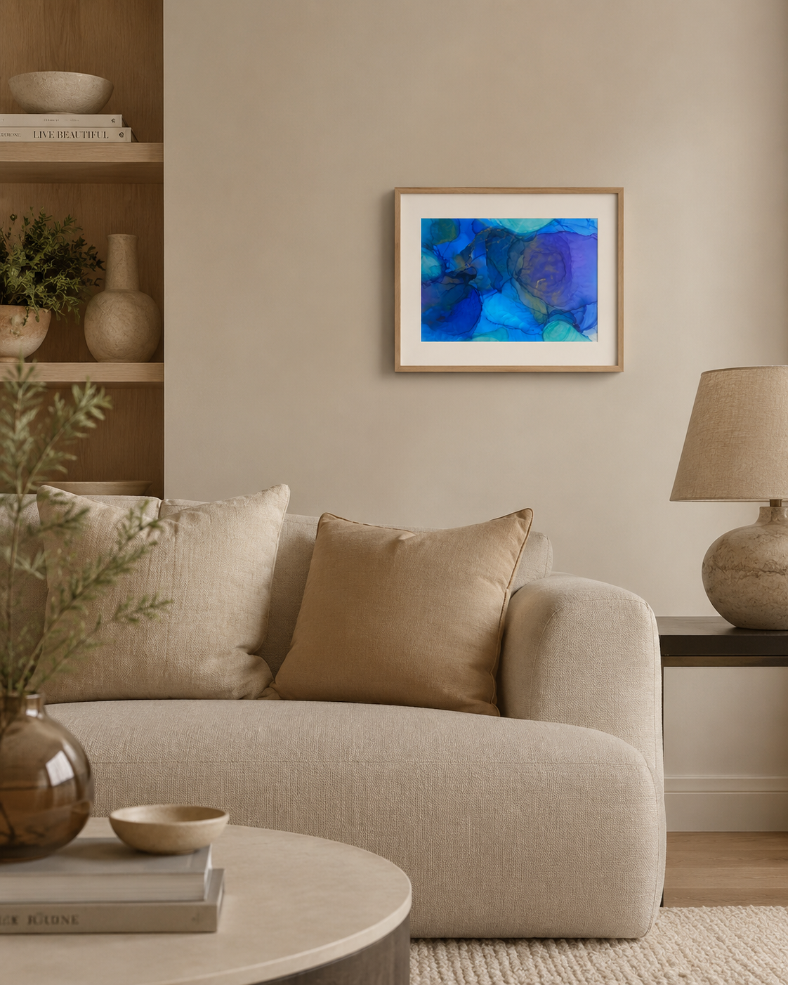 Cerulean by Ludwina Orchard – alcohol ink painting displayed in a warm beige living room with a curved sofa, round coffee table and shelving unit