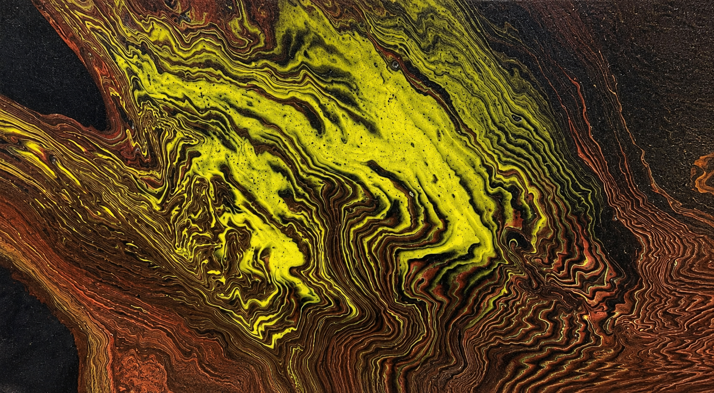 Chartreuse by Ludwina Orchard – full view of the acrylic on canvas painting with dramatic swirling chartreuse green, rust orange and dark brown fluid paint