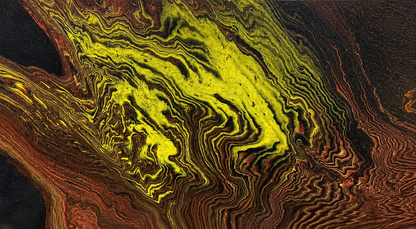 Chartreuse by Ludwina Orchard – full view of the acrylic on canvas painting with dramatic swirling chartreuse green, rust orange and dark brown fluid paint