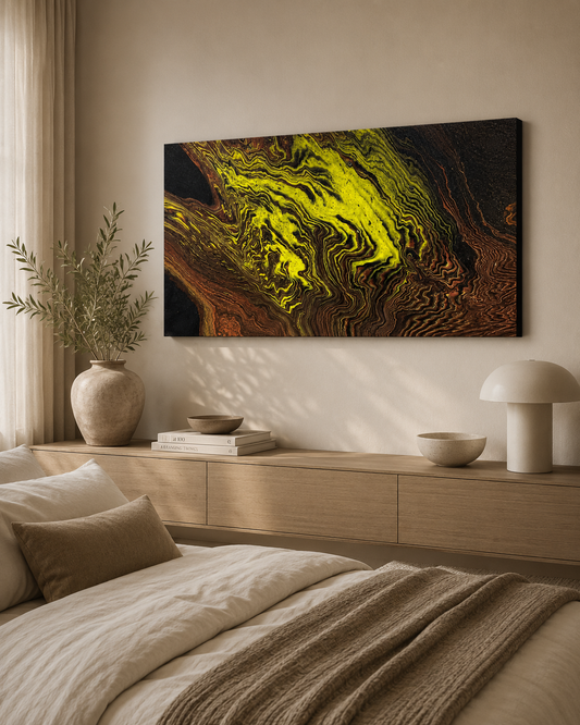 Chartreuse by Ludwina Orchard – acrylic painting displayed in a warm beige bedroom with wooden sideboard and mushroom lamp