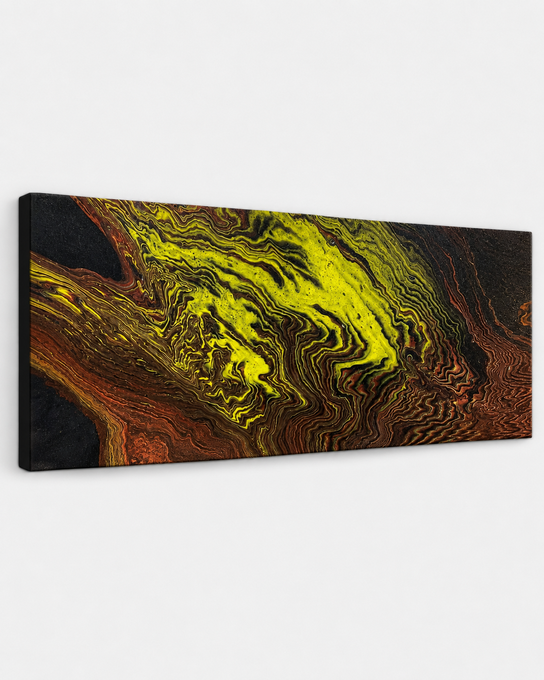 Chartreuse by Ludwina Orchard – side view of the acrylic canvas showing the depth and vivid chartreuse green, orange and dark swirling paint