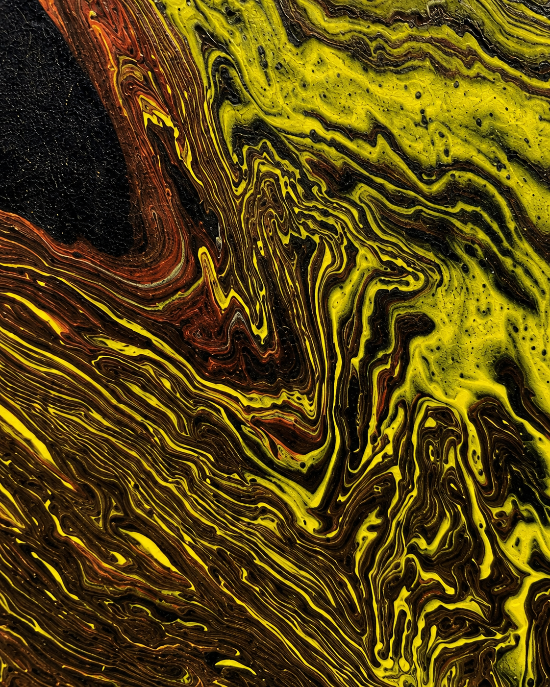 Chartreuse by Ludwina Orchard – close-up detail of the acrylic painting showing swirling chartreuse yellow-green and dark fluid paint forms