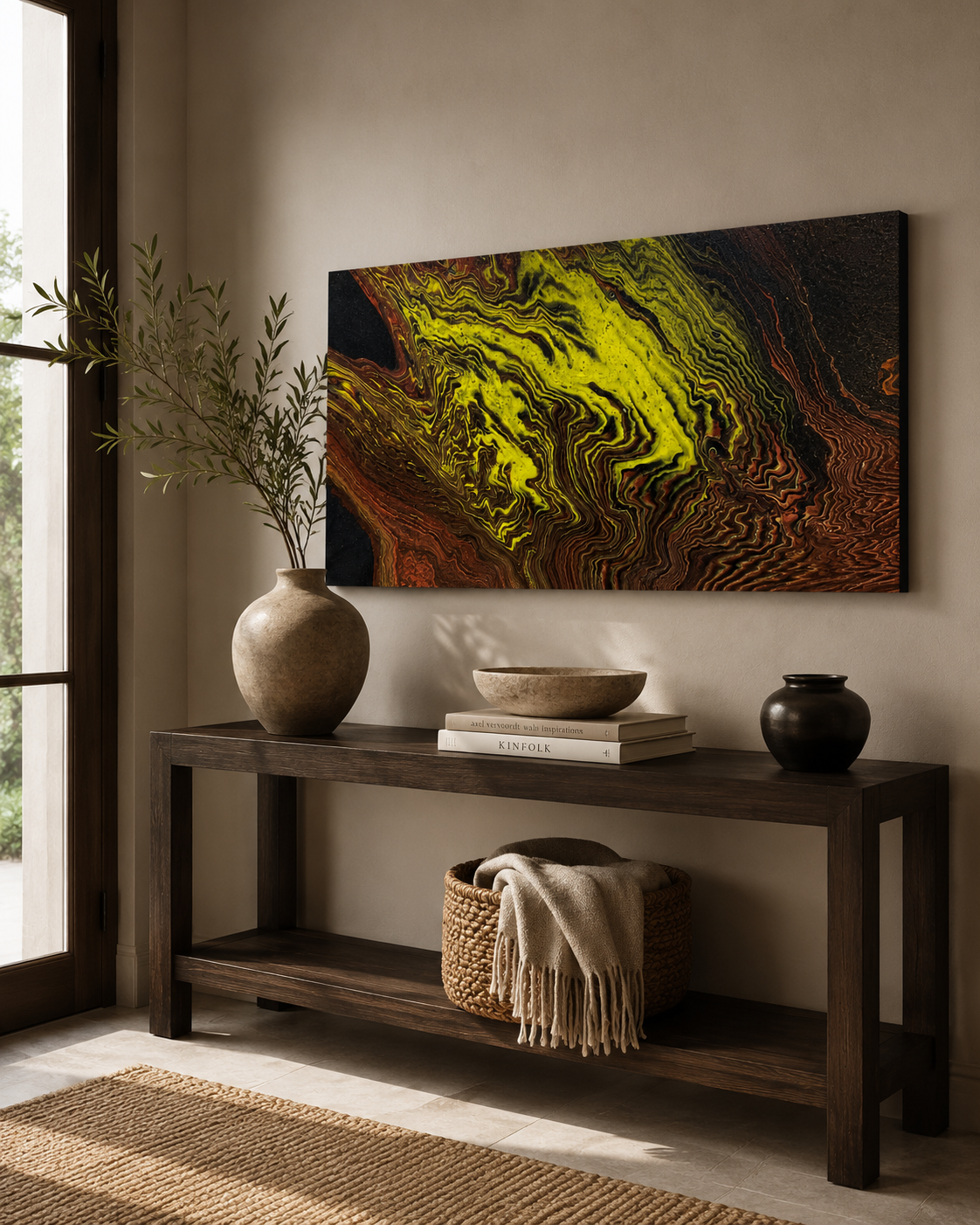 Chartreuse by Ludwina Orchard – acrylic painting displayed above a dark wooden console table with ceramic vases and books near a window