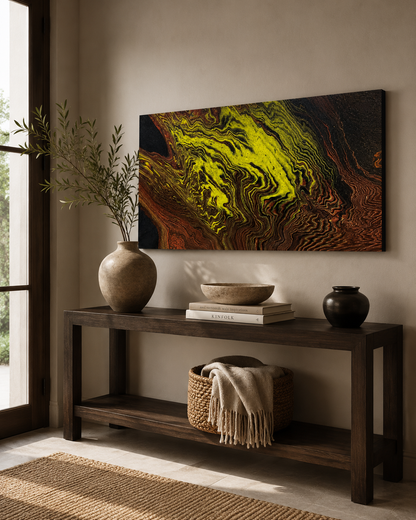 Chartreuse by Ludwina Orchard – acrylic painting displayed above a dark wooden console table with ceramic vases and books near a window