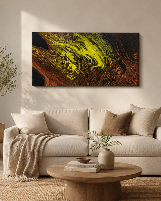 Chartreuse by Ludwina Orchard – acrylic painting displayed in a warm neutral living room with cream sofa, round coffee table and olive tree