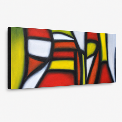 Crossroads by Ludwina Orchard – side view of the gallery-wrapped canvas showing depth of the red, yellow, black and white geometric painting