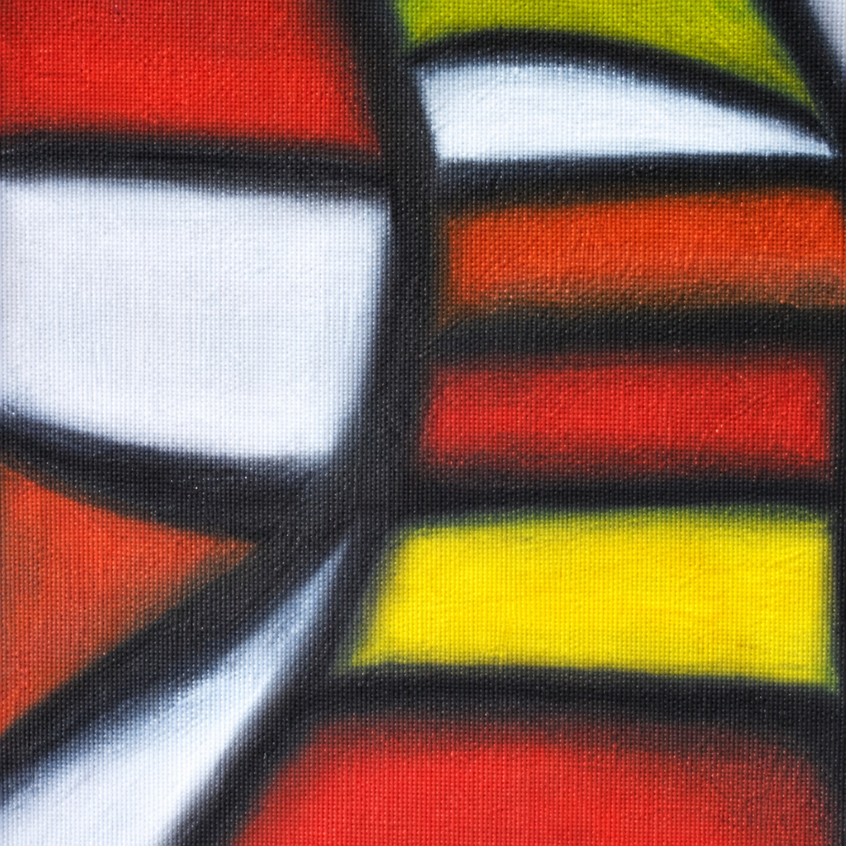 Crossroads by Ludwina Orchard – close-up detail of the acrylic painting showing red, orange, yellow, white and black geometric canvas texture