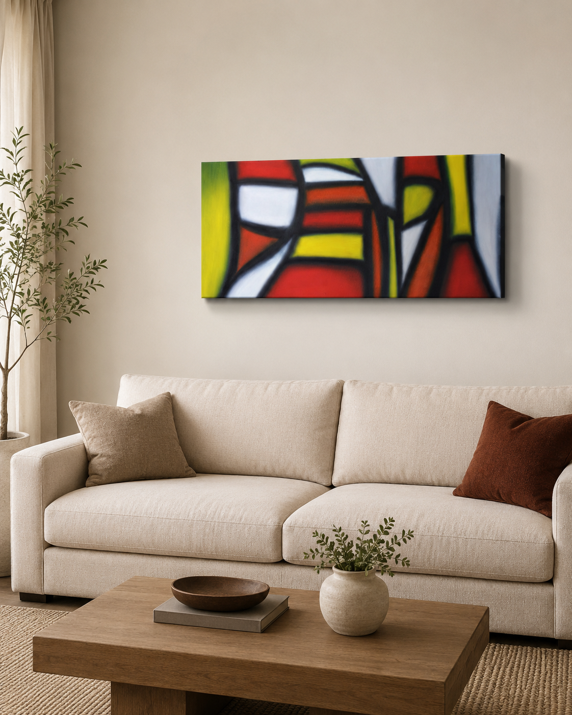 Crossroads by Ludwina Orchard – abstract geometric painting with red, yellow, black and white shapes displayed above a beige sofa in a modern living room