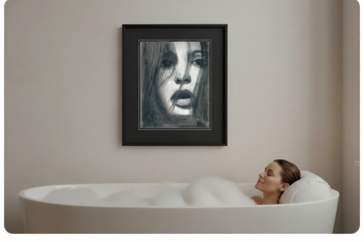 Do You See Me by Ludwina Orchard – framed charcoal portrait on a white wall above a woman relaxing in a freestanding bath
