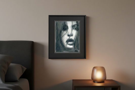 Do You See Me by Ludwina Orchard – framed charcoal portrait on a warm-toned bedroom wall above a bedside table with a glowing amber candle