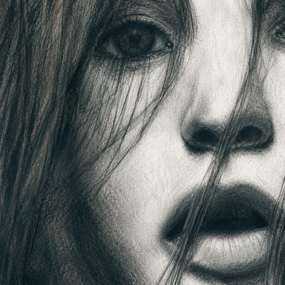 Do You See Me by Ludwina Orchard – close-up detail of charcoal drawing showing an eye, nose, lips and strands of hair falling across the face
