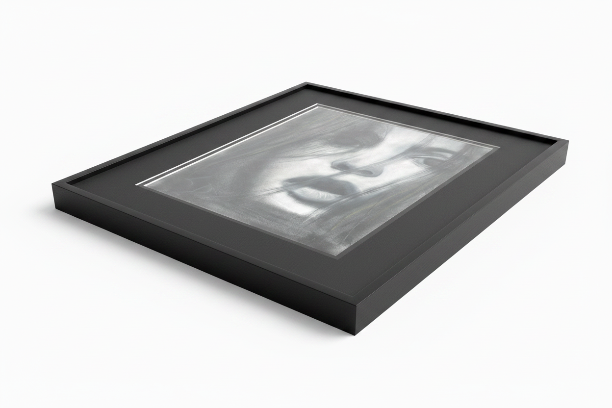 Do You See Me by Ludwina Orchard – angled product shot of a charcoal portrait in a deep black frame, showing depth and craftsmanship on a white background