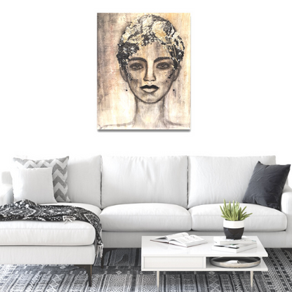 Earth Goddess by Ludwina Orchard – acrylic portrait painting displayed above a white sofa in a modern living room with a grey patterned rug