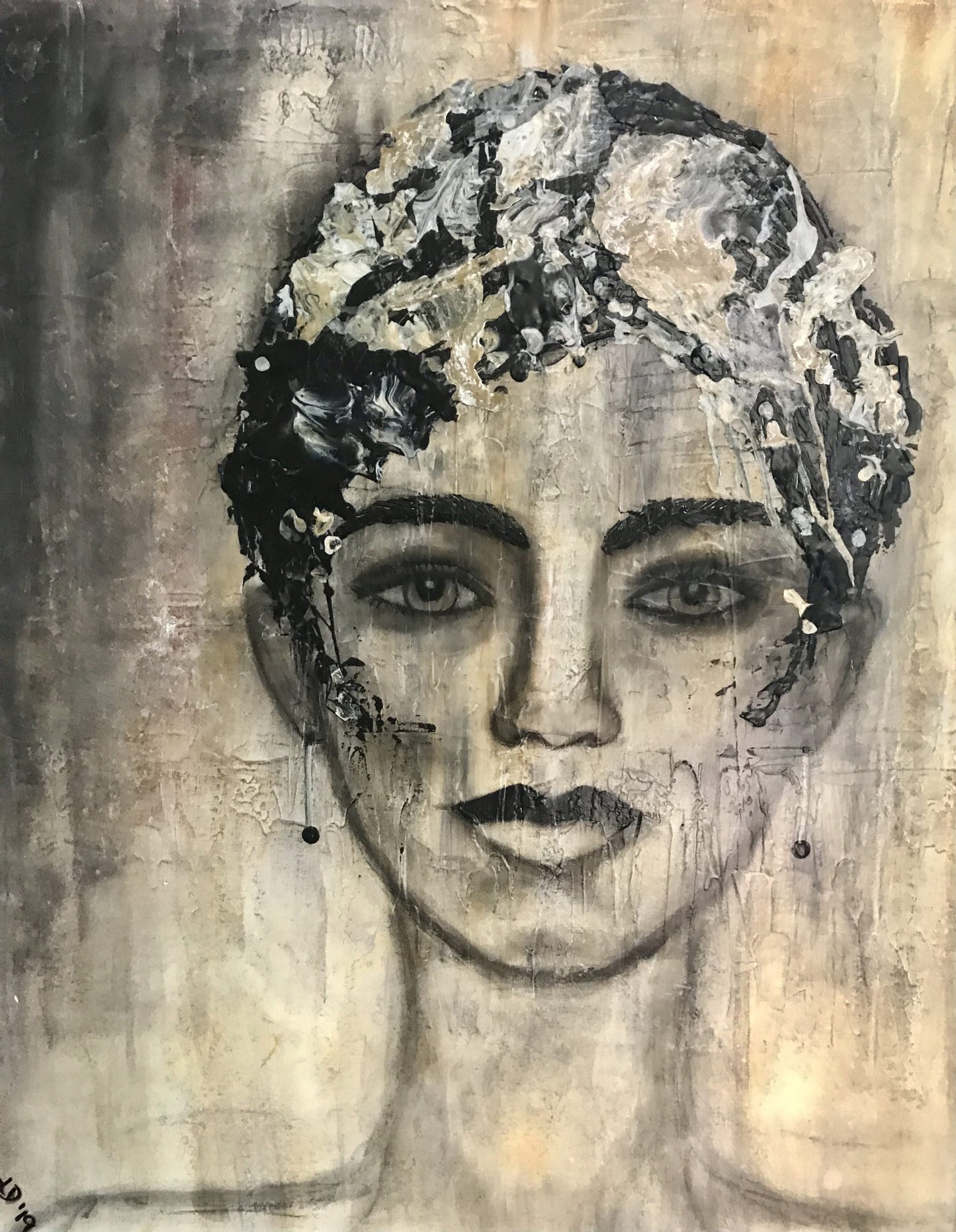 Earth Goddess by Ludwina Orchard – acrylic portrait painting on textured background featuring a woman's face with expressive eyes and flowing hair