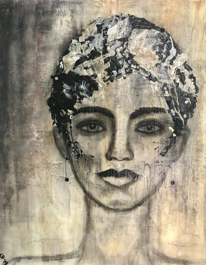 Earth Goddess by Ludwina Orchard – acrylic portrait painting on textured background featuring a woman's face with expressive eyes and flowing hair