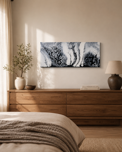 Endless Garden by Ludwina Orchard – monochromatic acrylic painting displayed above a wooden dresser in a warm sunlit bedroom
