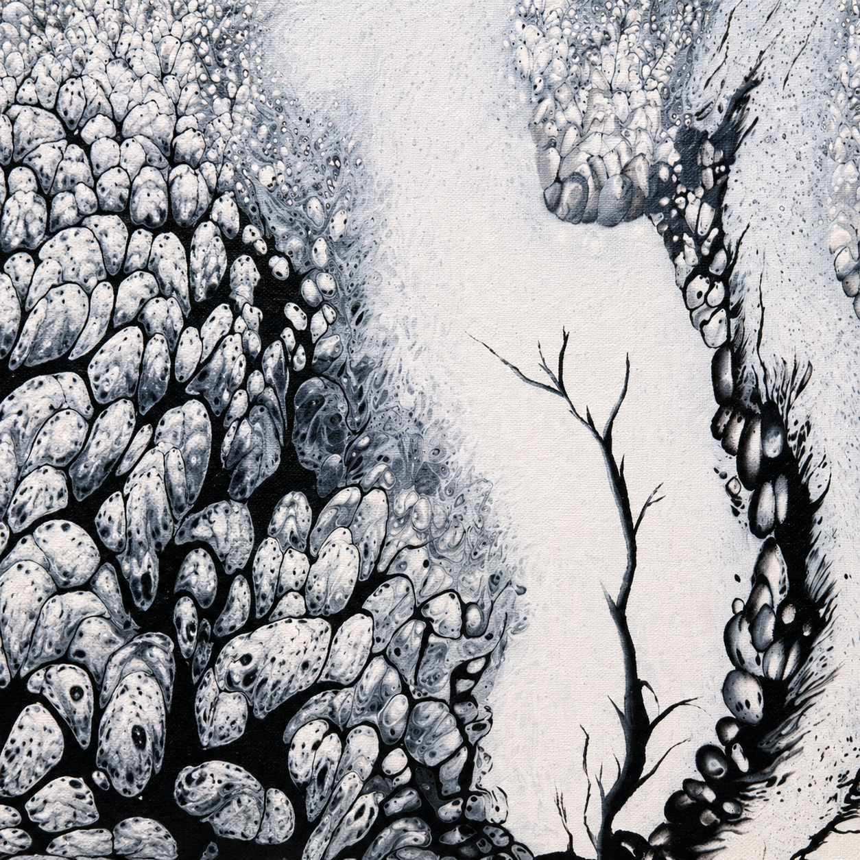 Endless Garden by Ludwina Orchard – close-up detail of the monochromatic acrylic painting showing textured organic clusters and bare branch forms