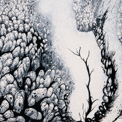 Endless Garden by Ludwina Orchard – close-up detail of the monochromatic acrylic painting showing textured organic clusters and bare branch forms