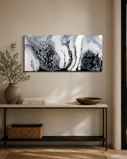 Endless Garden by Ludwina Orchard – monochromatic acrylic painting of organic garden forms displayed above a console table in a warm styled entryway