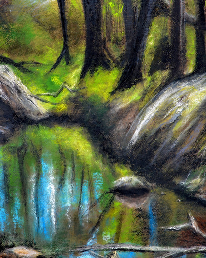 Everglades by Ludwina Orchard – close-up detail of soft pastel painting showing a still forest stream, reflective water, and large moss-covered rocks surrounded by rich green foliage