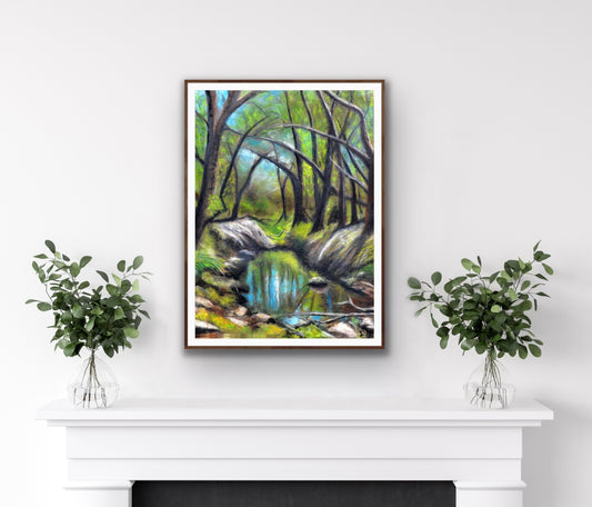 Everglades by Ludwina Orchard – framed soft pastel forest painting displayed on a white mantelpiece with eucalyptus plant arrangements on either side